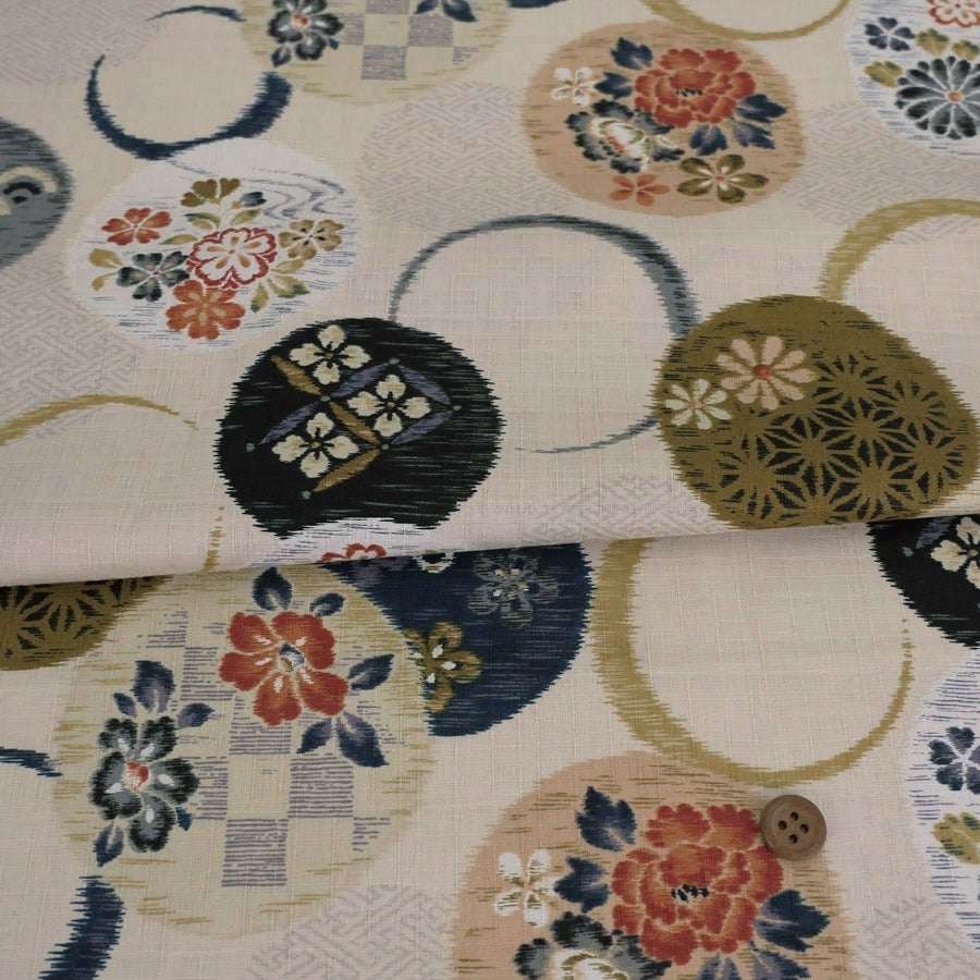 和柄コットン生地 かすり風花の輪模様(くすみアイボリー) 10cm単位 切り売り