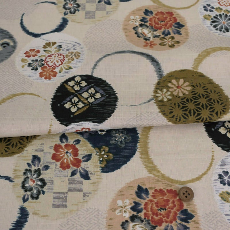 和柄コットン生地 かすり風花の輪模様(くすみアイボリー) 10cm単位 切り売り
