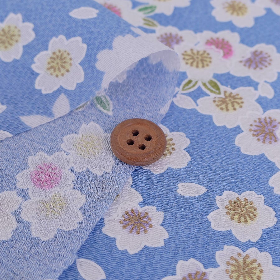 ちりめん生地 白桜(ブルー) １ｍ単位