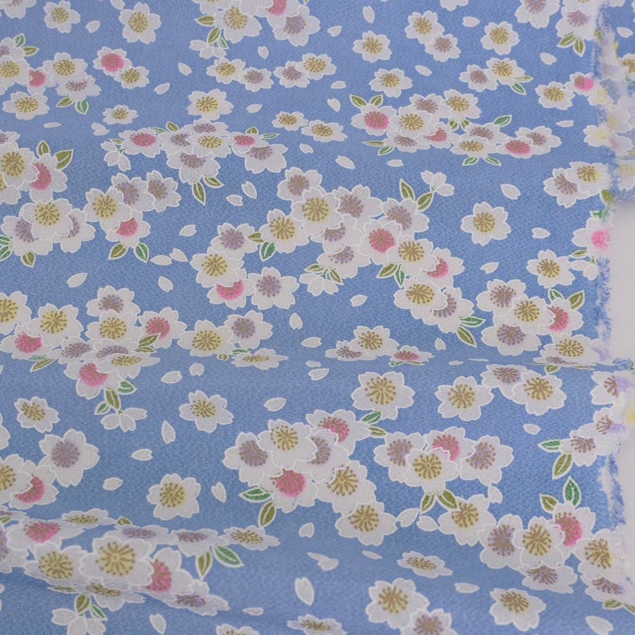 ちりめん生地 白桜(ブルー) １ｍ単位