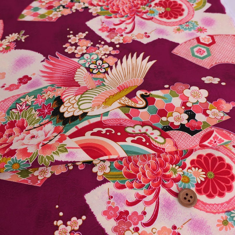 レーヨンりんず 古典鶴柄(紅紫) 10cm単位 切り売り