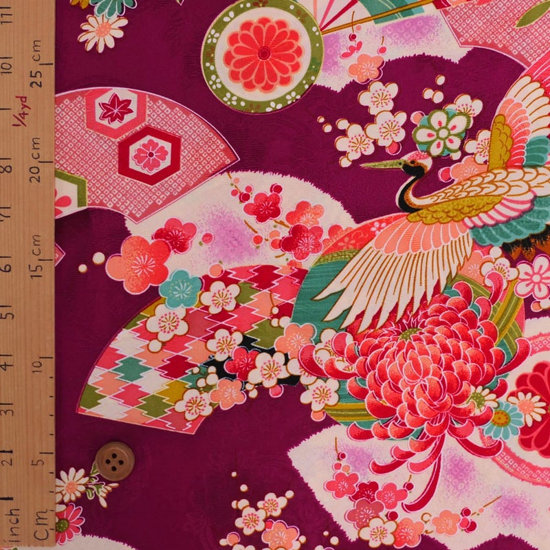 レーヨンりんず 古典鶴柄(紅紫) 10cm単位 切り売り
