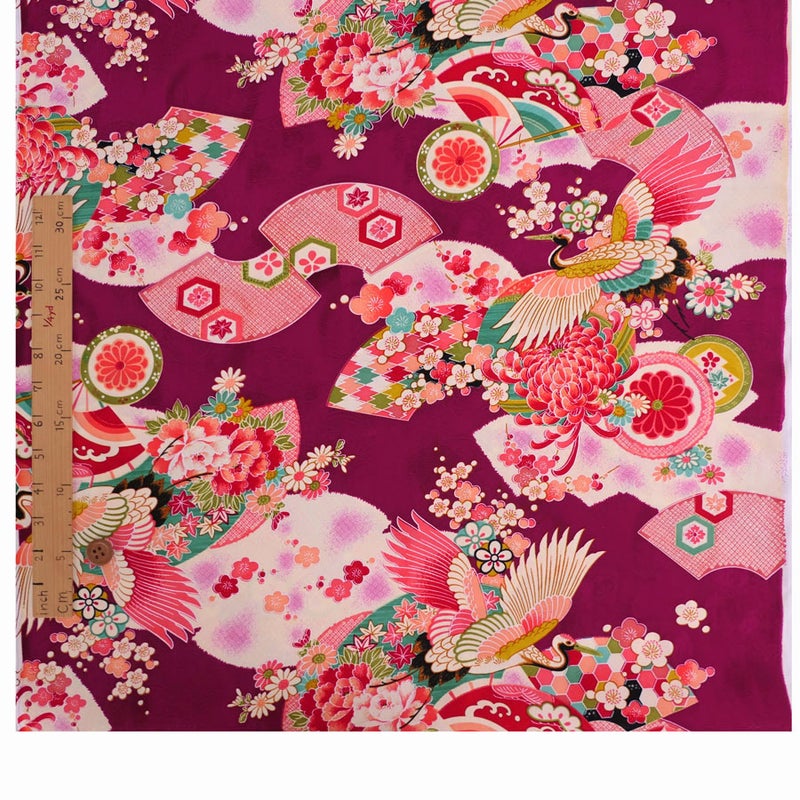 レーヨンりんず 古典鶴柄(紅紫) 10cm単位 切り売り