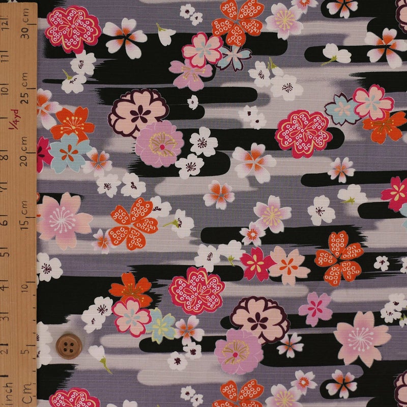 和柄コットン生地 桜づくし霞文様(黒) 10cm単位 切り売り