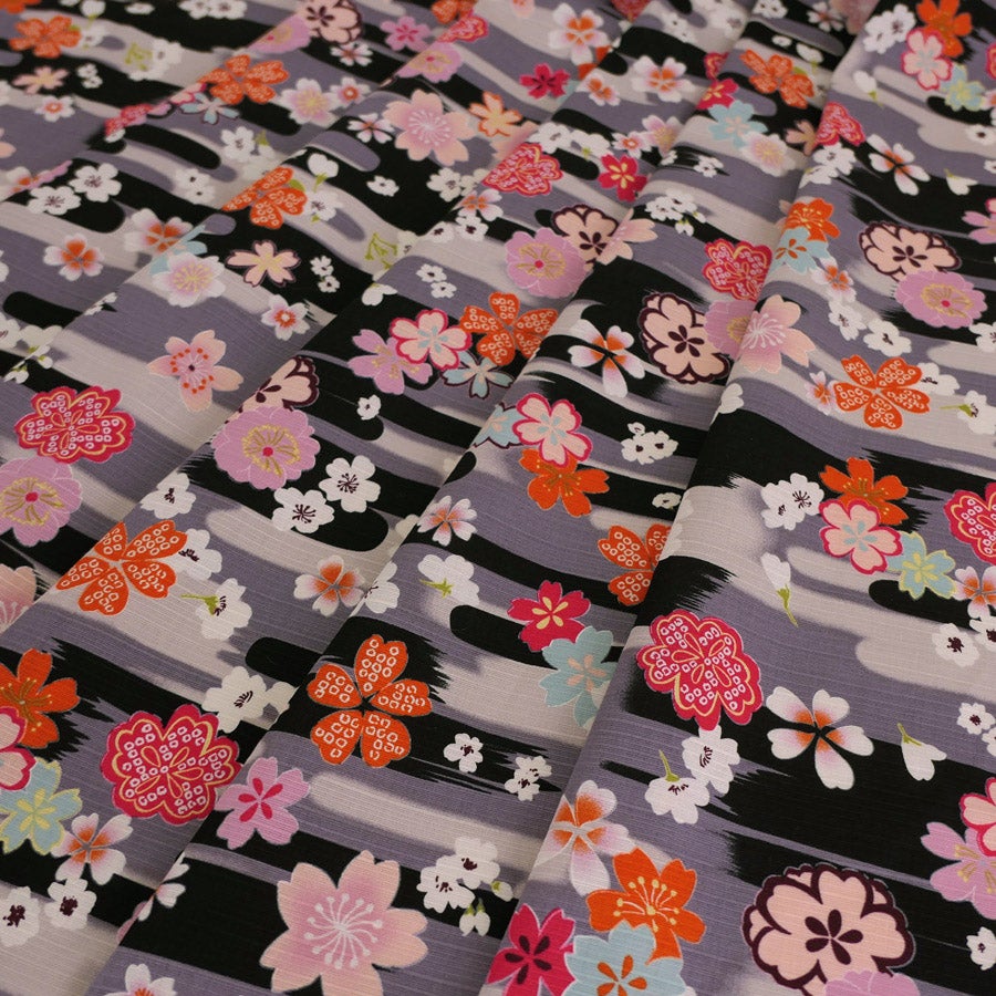 和柄コットン生地 桜づくし霞文様(黒) 10cm単位 切り売り