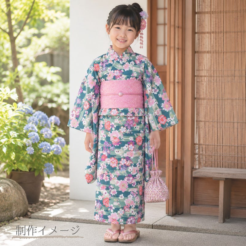和柄コットン生地 桜づくし霞文様(青緑) 10cm単位 切り売り