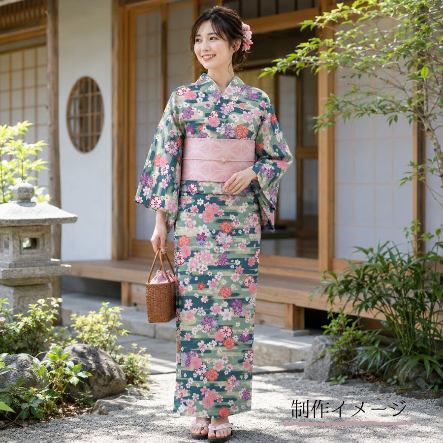 和柄コットン生地 桜づくし霞文様(青緑) 10cm単位 切り売り