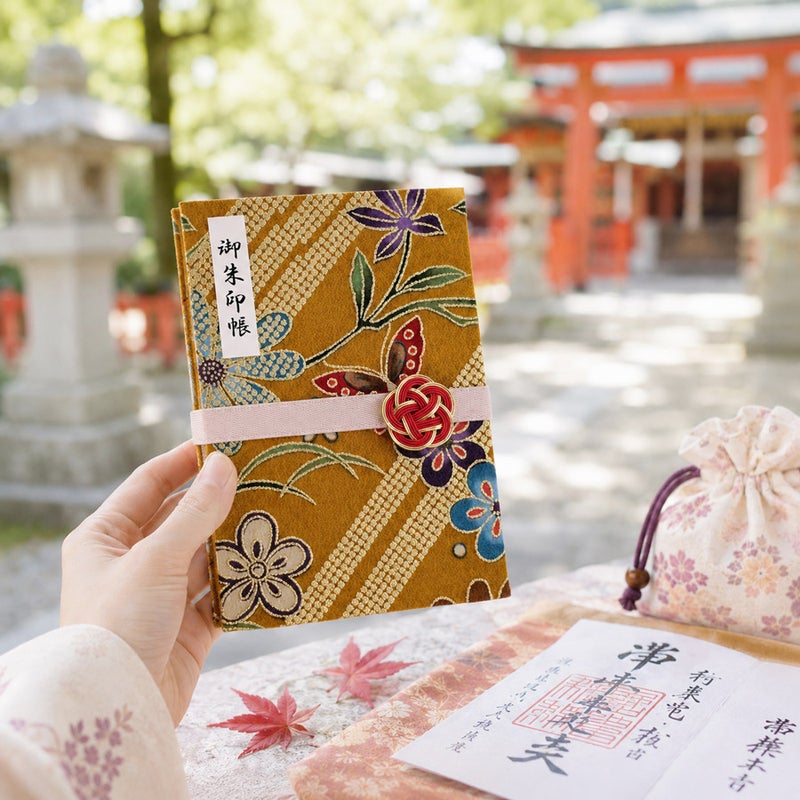 御朱印帳手作りキット・金箔一越ちりめん 金の稲妻かのこに花と蝶(金茶)