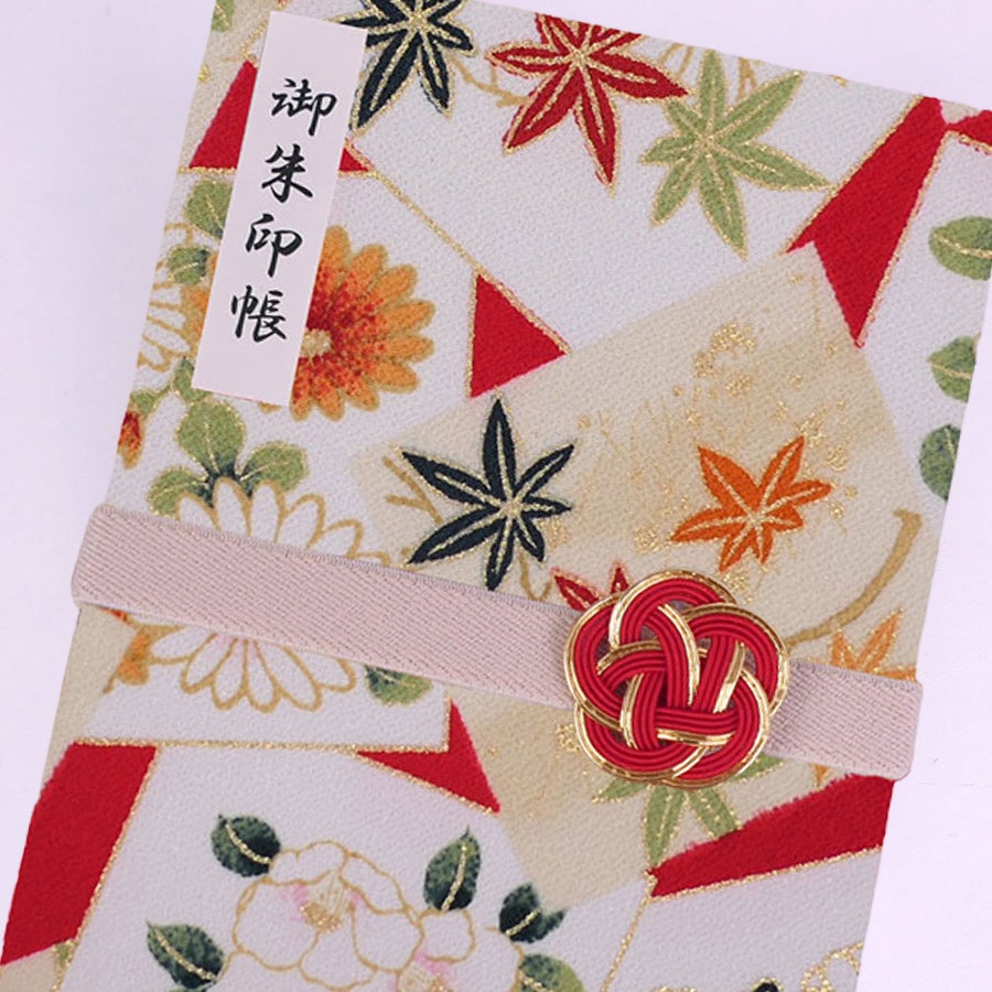 御朱印帳手作りキット・金箔一越ちりめん 色紙に花と紅葉(赤) 