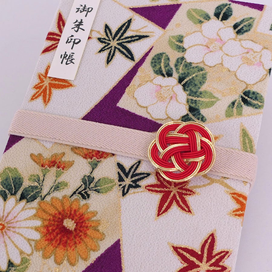 御朱印帳手作りキット・金箔一越ちりめん 色紙に花と紅葉(紫)