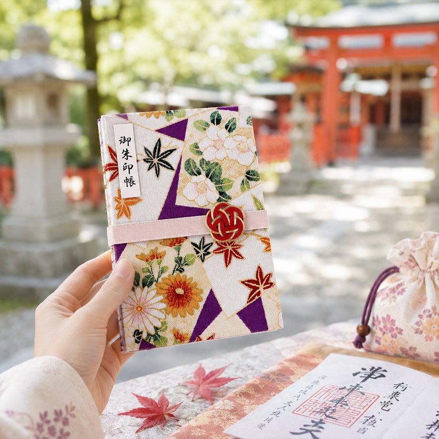 御朱印帳手作りキット・金箔一越ちりめん 色紙に花と紅葉(紫)