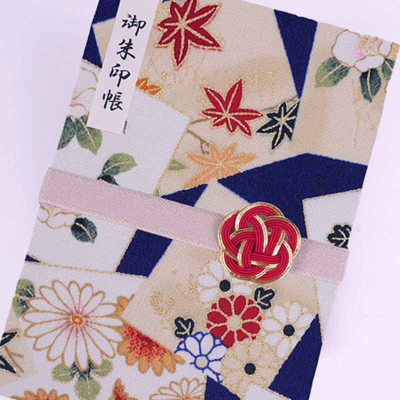 御朱印帳手作りキット・金箔一越ちりめん 色紙に花と紅葉(青)