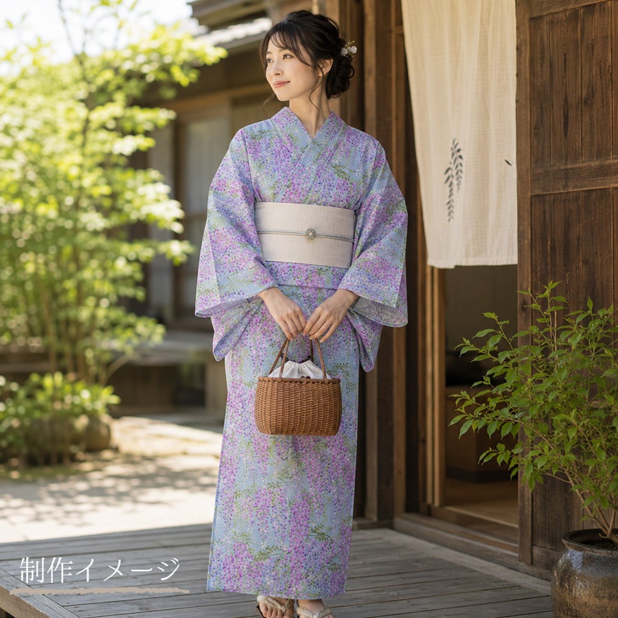 和柄コットン生地 しだれ藤(水あさぎ) 10cm単位 切り売り