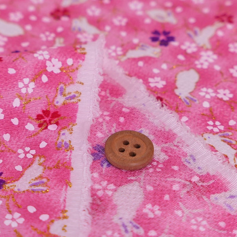 レーヨンりんず 古典鶴柄(黄緑) 10cm単位 切り売りちりめん生地・うさぎと桜(ピンク) １ｍ単位