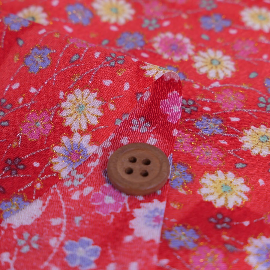 ちりめん生地 露芝に小菊(赤) １ｍ単位