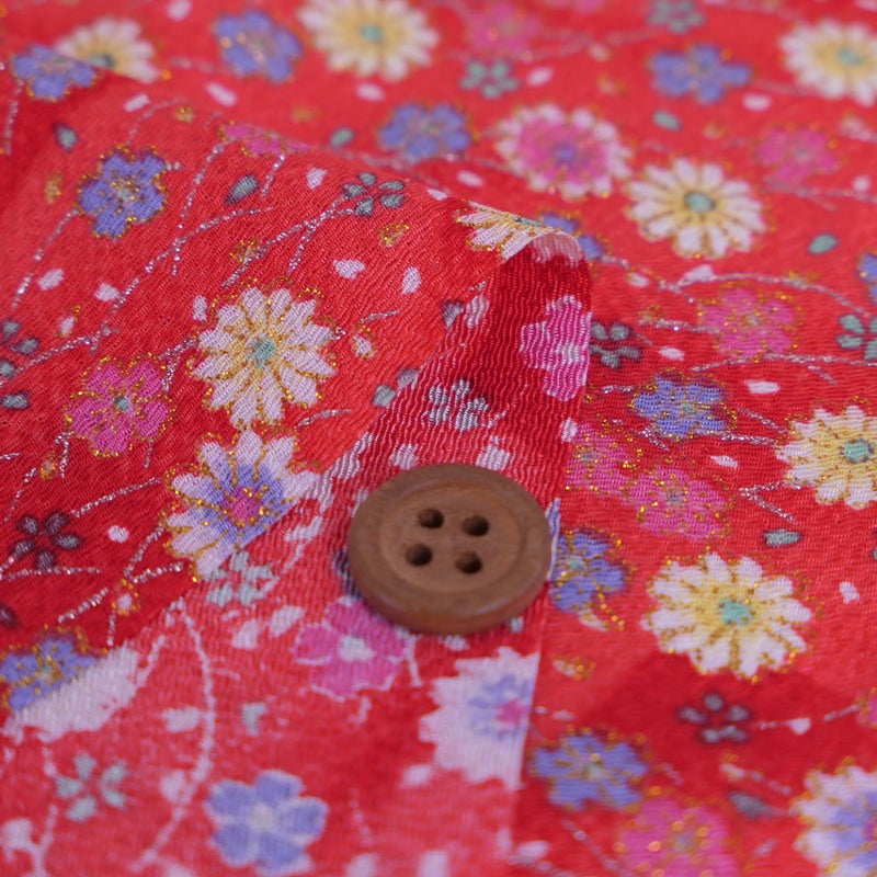 ちりめん生地 露芝に小菊(赤) １ｍ単位