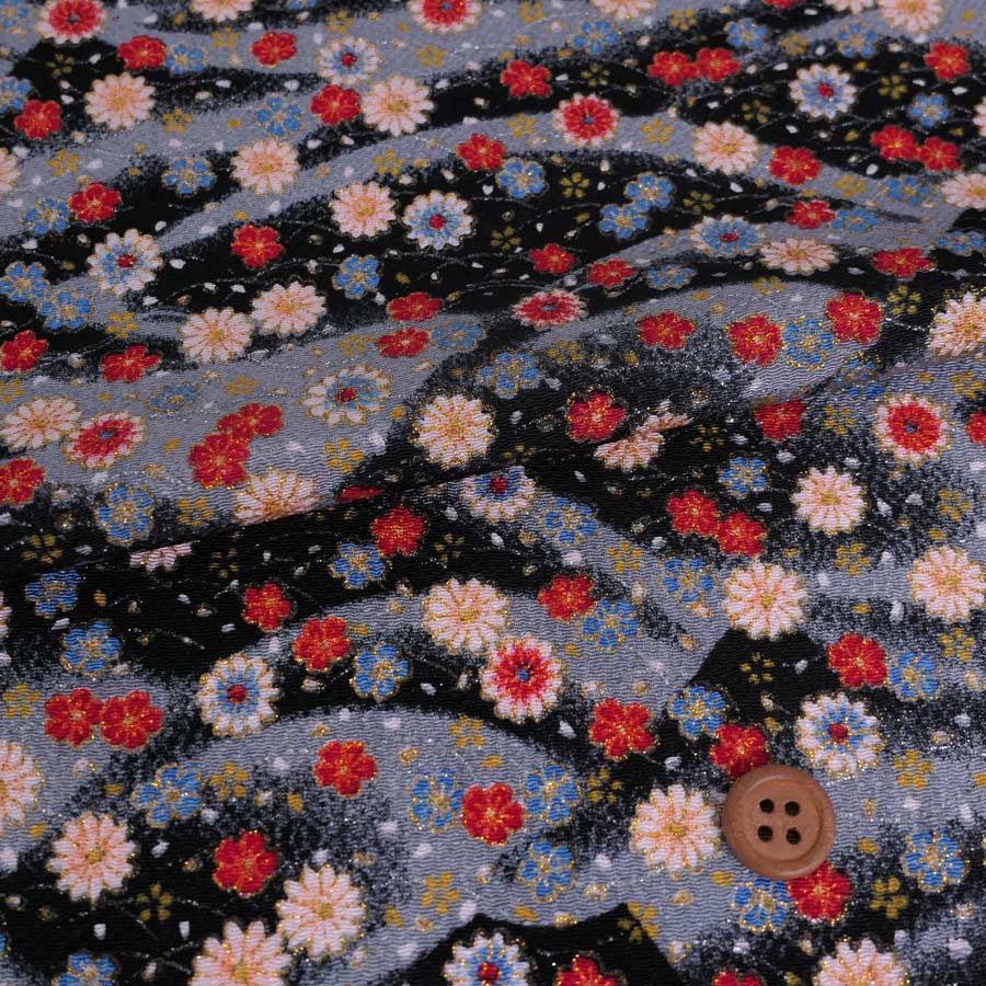 ちりめん生地 露芝に小菊(黒) １ｍ単位
