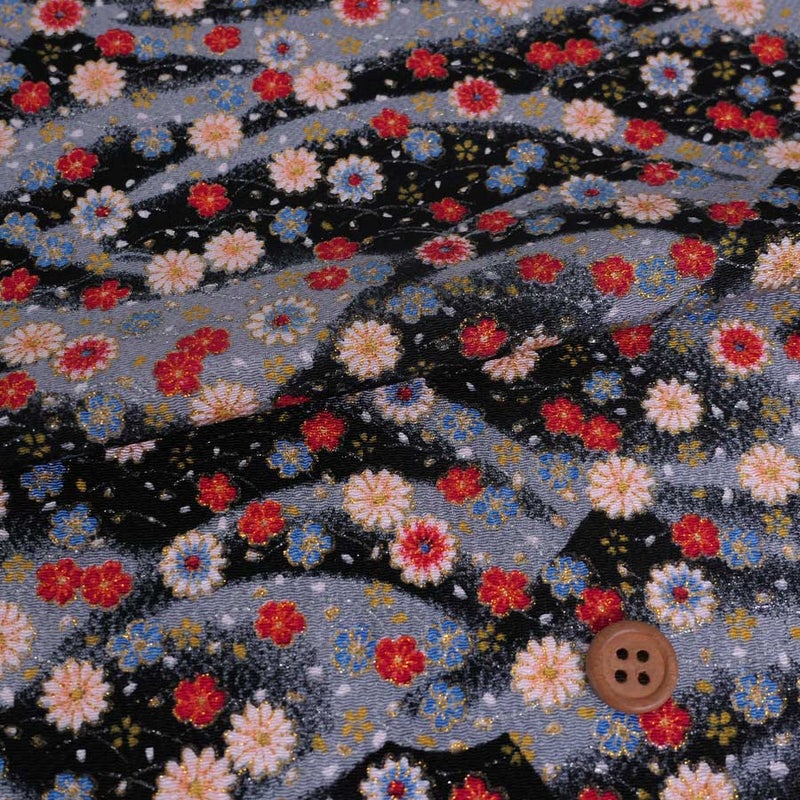 ちりめん生地 露芝に小菊(黒) １ｍ単位