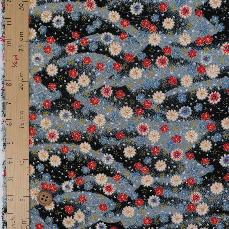 ちりめん生地 露芝に小菊(黒) １ｍ単位
