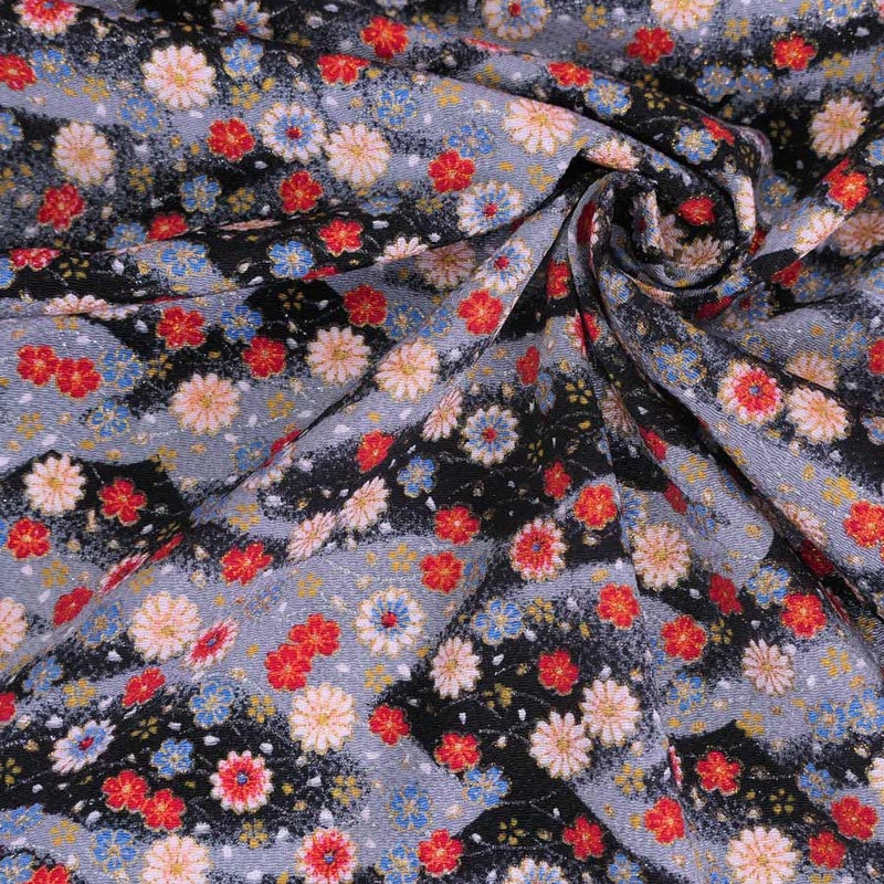 ちりめん生地 露芝に小菊(黒) １ｍ単位