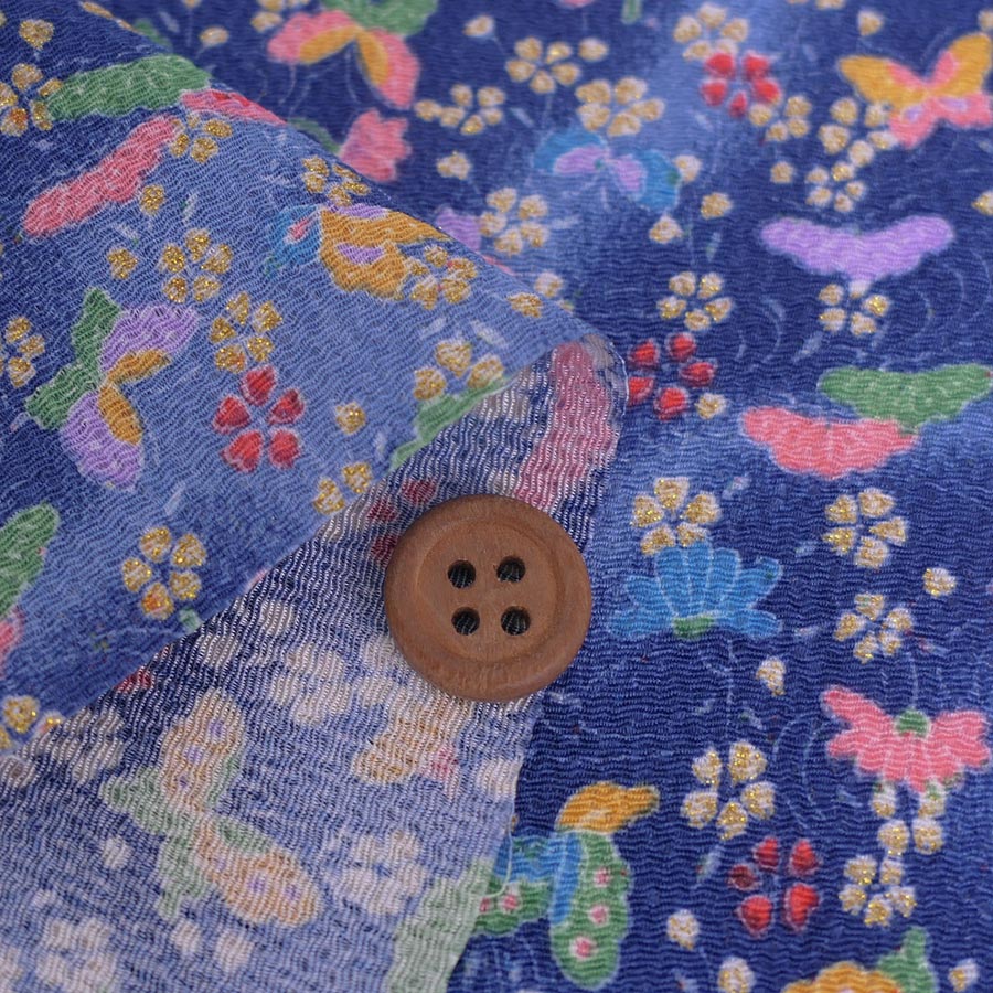 ちりめん生地 植物と胡蝶の舞(青) １ｍ単位
