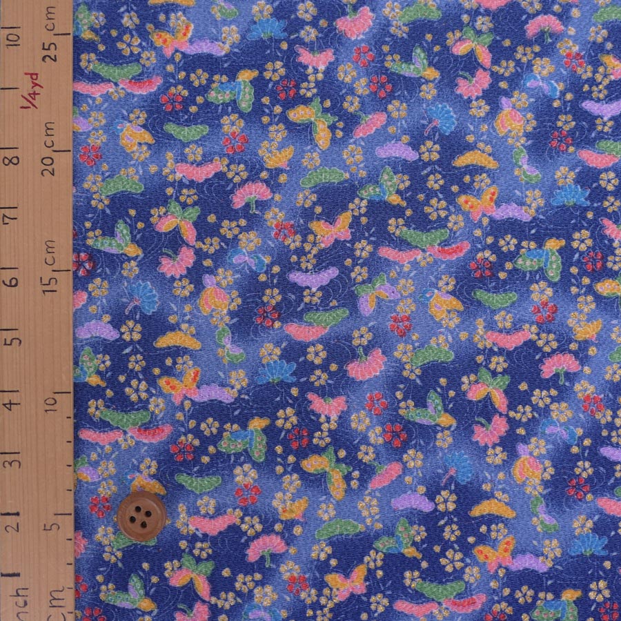 ちりめん生地 植物と胡蝶の舞(青) １ｍ単位