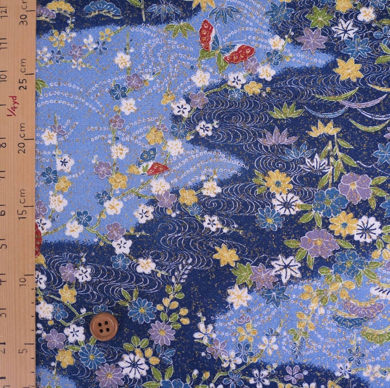 ちりめん生地 流水に春秋花と蝶(青) １ｍ単位