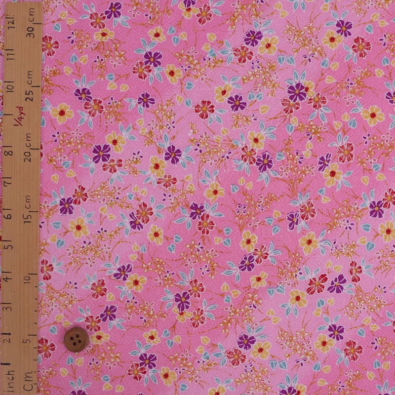 ちりめん生地 きらめく花のお庭(ピンク) １ｍ単位