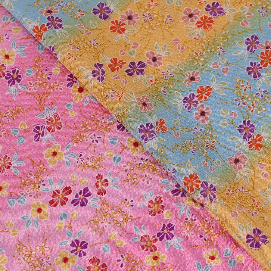 ちりめん生地 きらめく花のお庭(水色/黄色) １ｍ単位