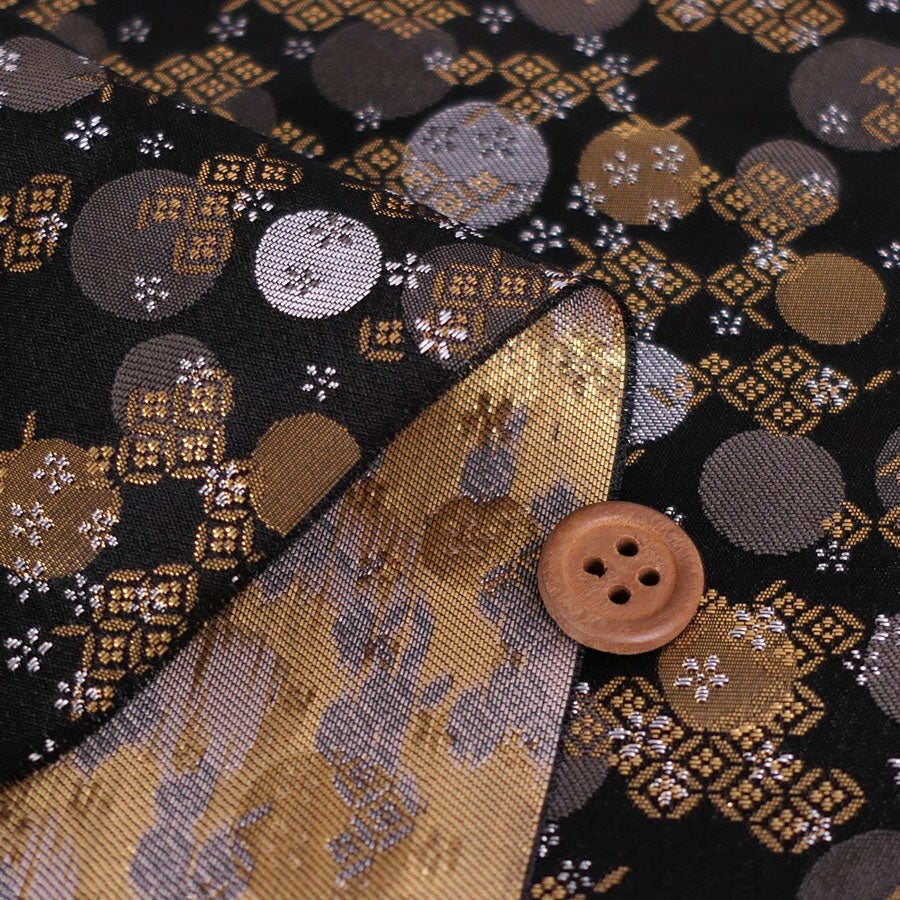 金襴生地(金らん) 金銀丸文と破れ七宝(黒) 10cm単位 切り売り