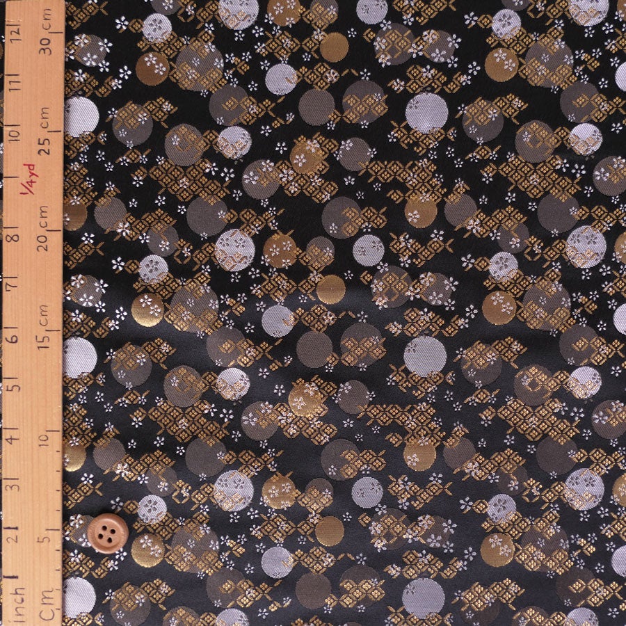 金襴生地(金らん) 金銀丸文と破れ七宝(黒) 10cm単位 切り売り
