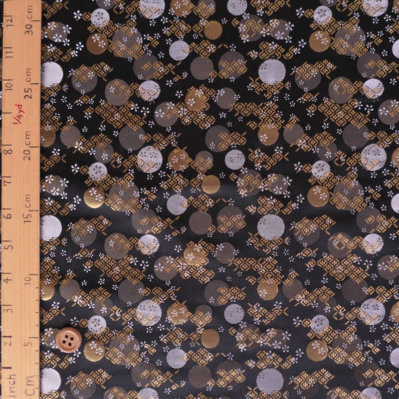金襴生地(金らん) 金銀丸文と破れ七宝(黒) 10cm単位 切り売り