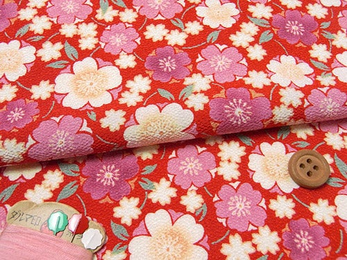 ポリちりめん生地 八重桜(赤) 10cm単位 切り売り