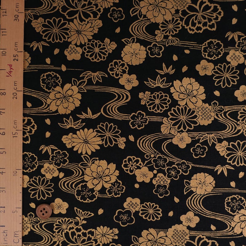 和柄コットン生地 金流水に花(黒) 10cm単位 切り売り