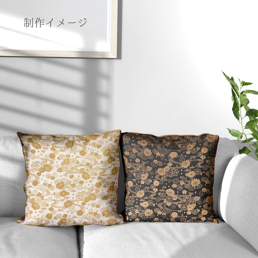 和柄コットン生地 金流水に花(黒) 10cm単位 切り売り