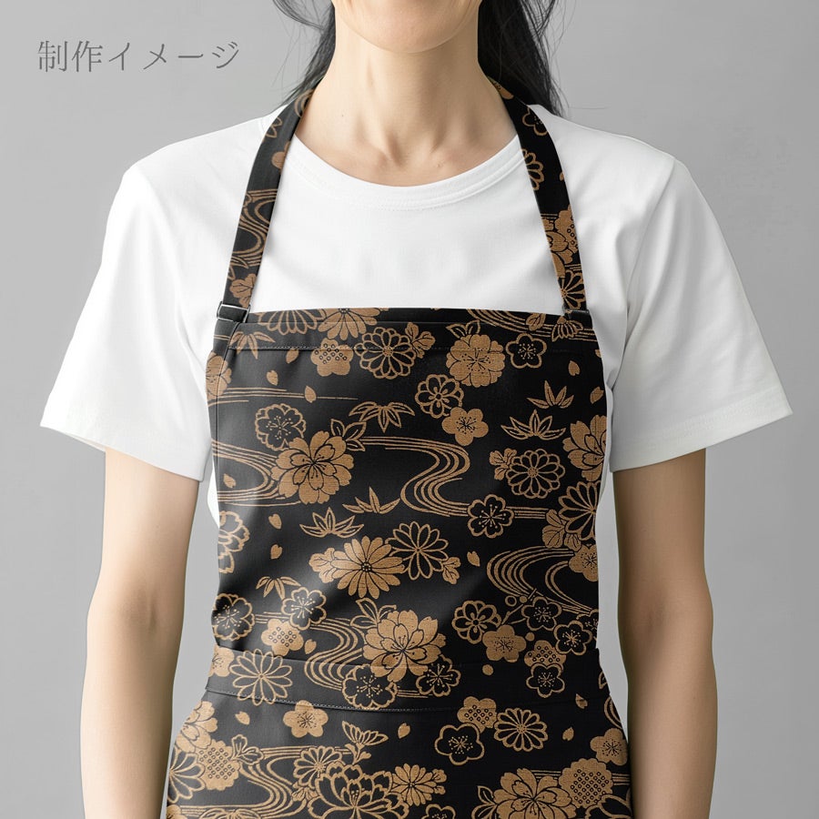 和柄コットン生地 金流水に花(黒) 10cm単位 切り売り