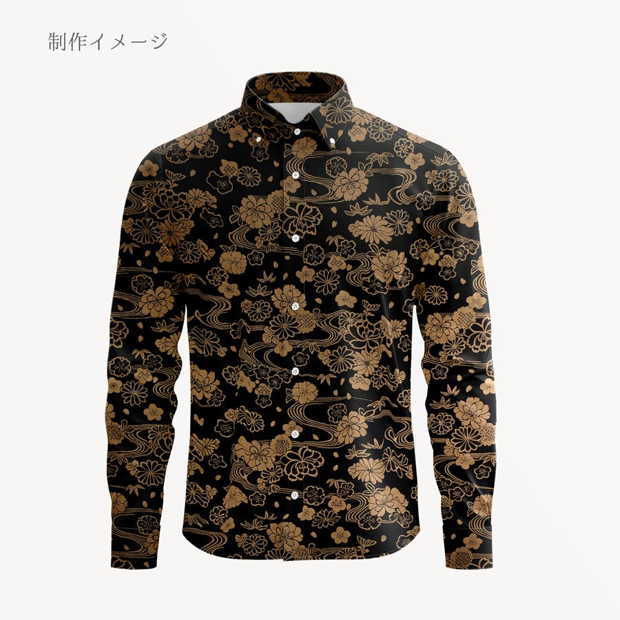 和柄コットン生地 金流水に花(黒) 10cm単位 切り売り