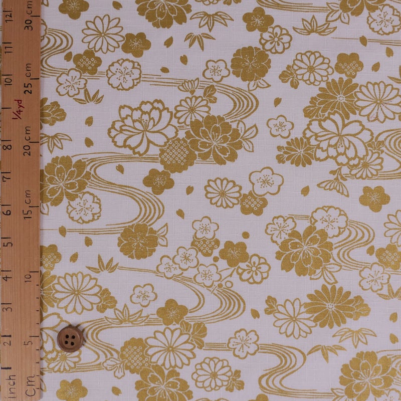 和柄コットン生地 金流水に花(白) 10cm単位 切り売り