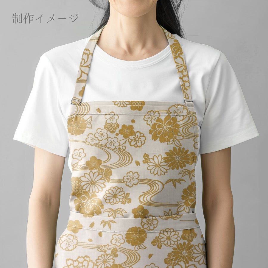 和柄コットン生地 金流水に花(白) 10cm単位 切り売り