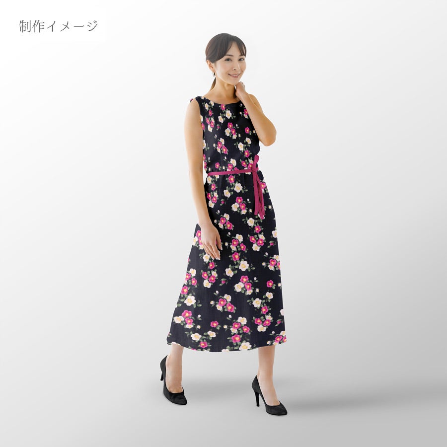和柄コットン生地 ぼかし椿(濃紺) 10cm単位 切り売り