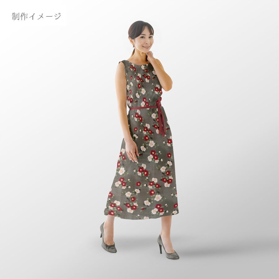 和柄コットン生地 ぼかし椿(オリーブグレー) 10cm単位 切り売り