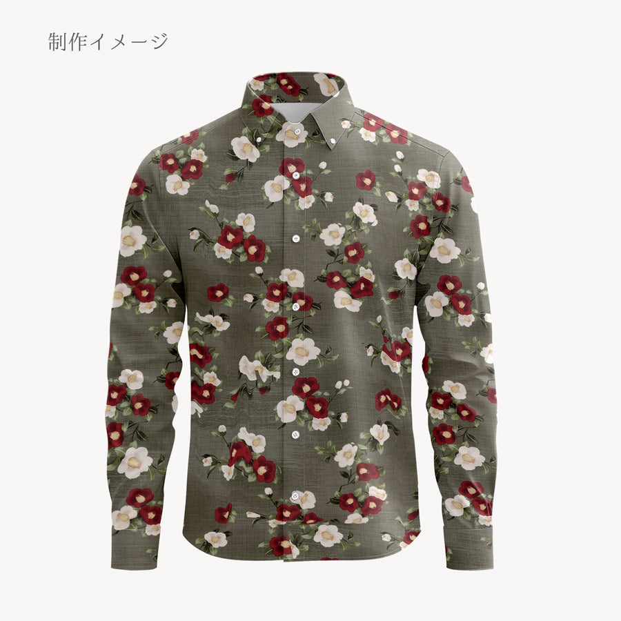 和柄コットン生地 ぼかし椿(オリーブグレー) 10cm単位 切り売り