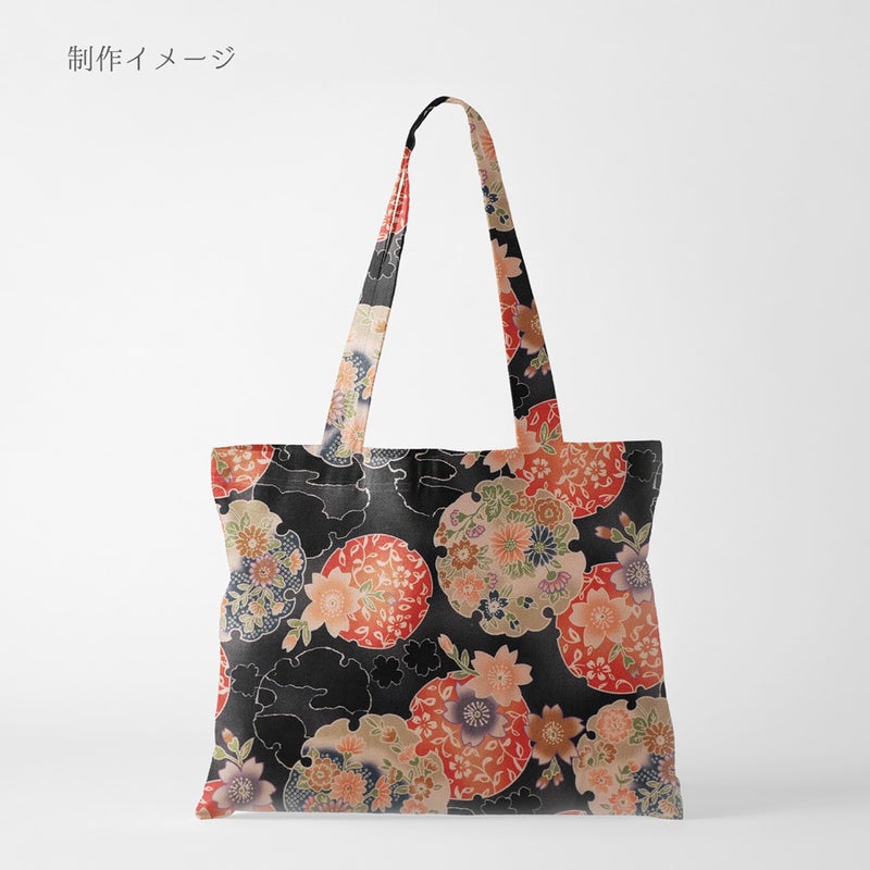 ポリちりめん生地 花雪輪に桜(黒) 10cm単位 切り売り