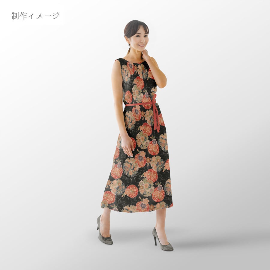ポリちりめん生地 花雪輪に桜(黒) 10cm単位 切り売り