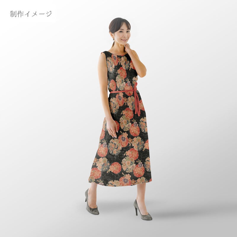 ポリちりめん生地 花雪輪に桜(黒) 10cm単位 切り売り