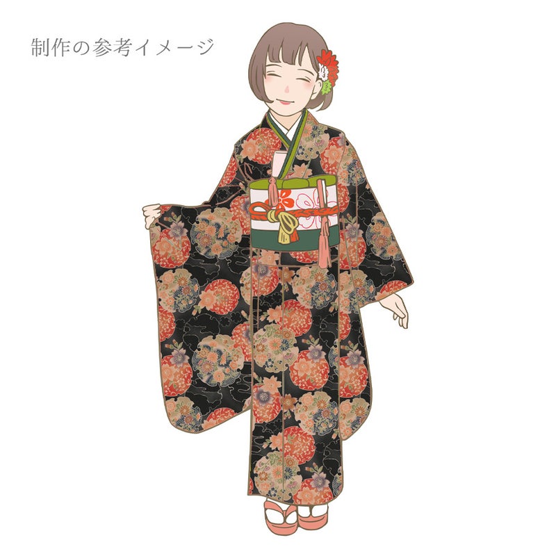 ポリちりめん生地 花雪輪に桜(黒) 10cm単位 切り売り