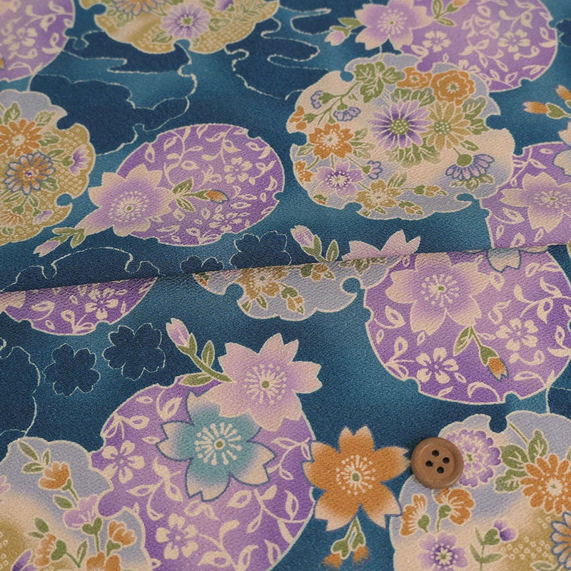 ポリちりめん生地 花雪輪に桜(青) 10cm単位 切り売り