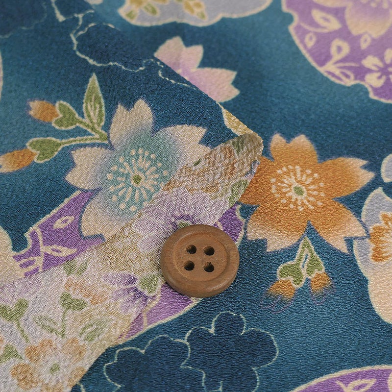 ポリちりめん生地 花雪輪に桜(青) 10cm単位 切り売り
