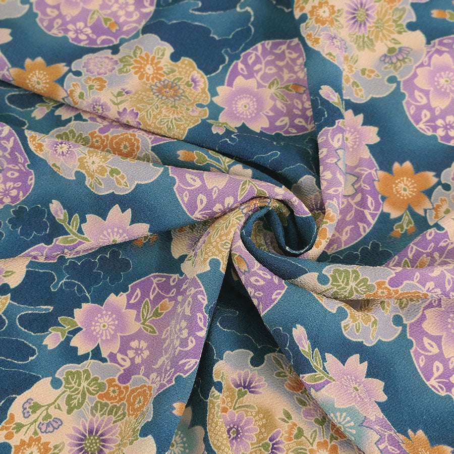 ポリちりめん生地 花雪輪に桜(青) 10cm単位 切り売り