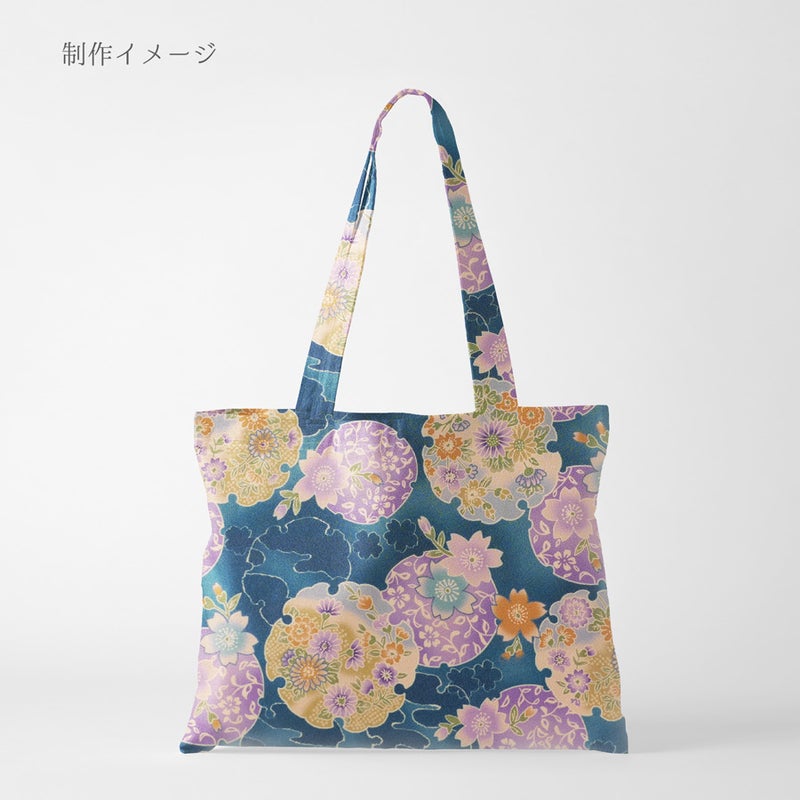 ポリちりめん生地 花雪輪に桜(青) 10cm単位 切り売り